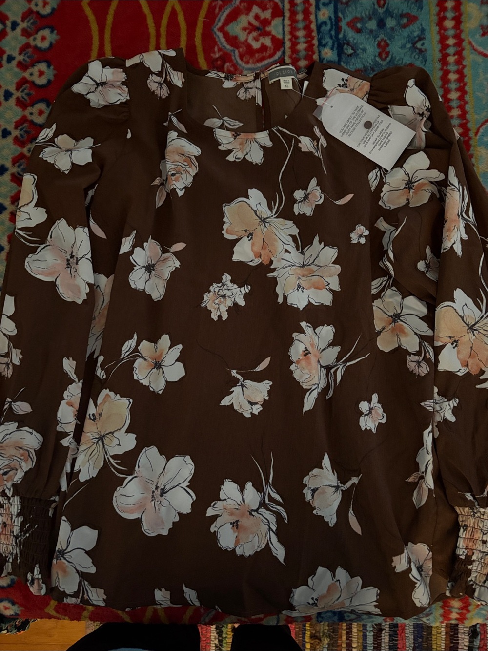 Pleione Brown Floral Top with Cream & Peach Blooms